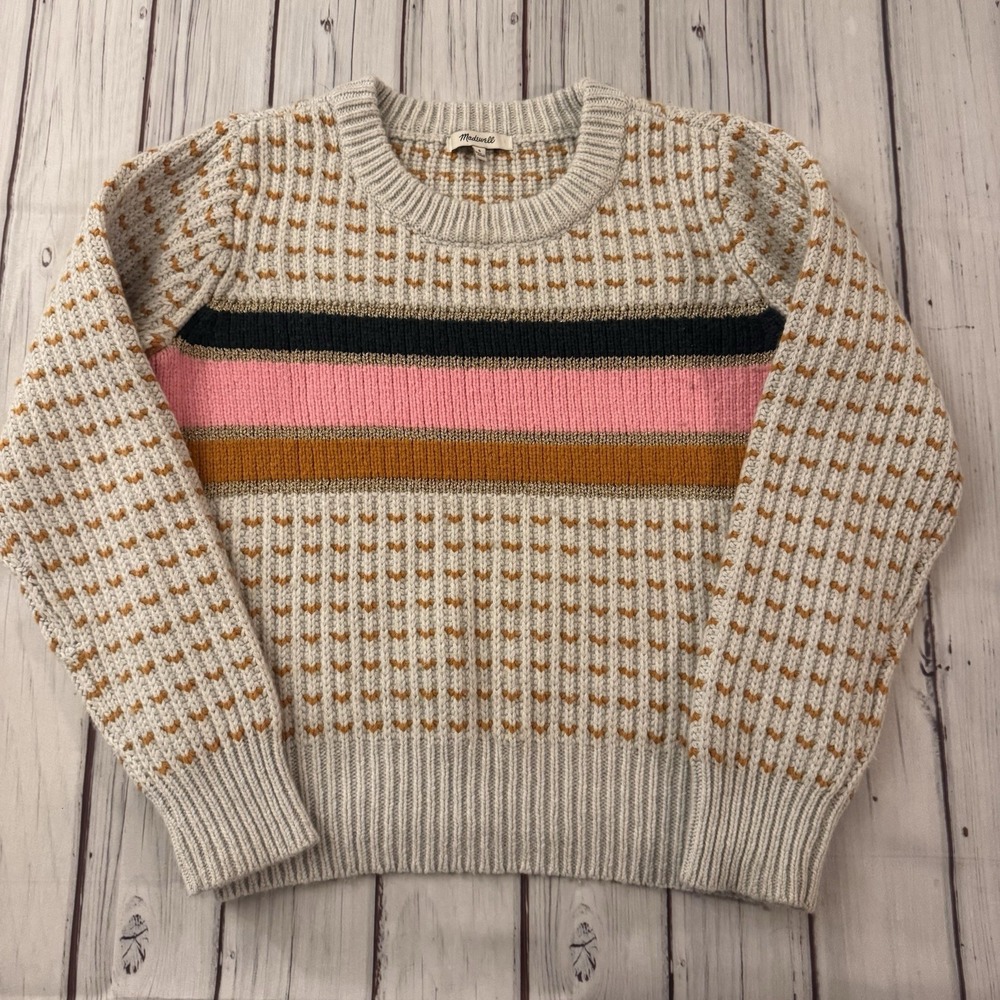 Madewell Cream Knit Crewneck Sweater with Pink, Mustard & Black Stripes